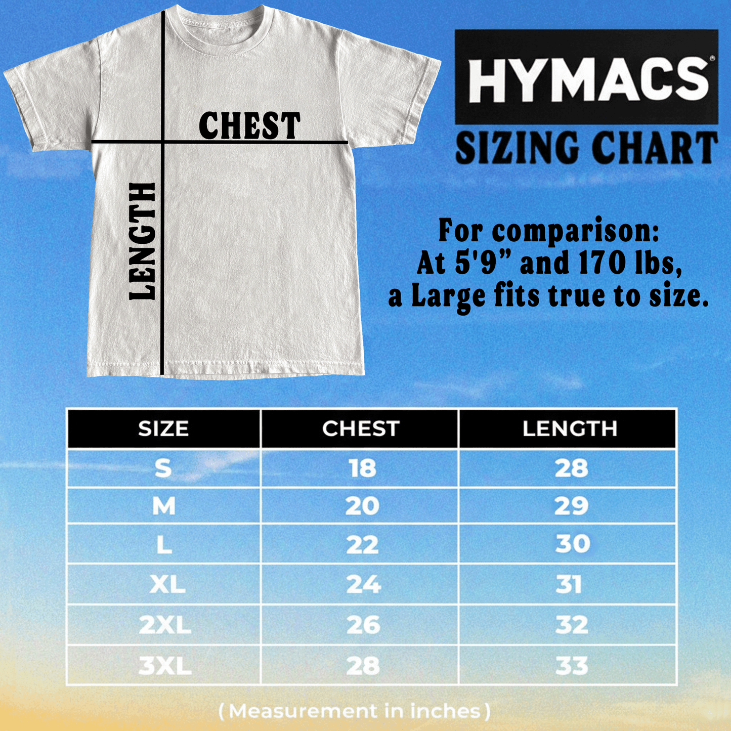 Hymacs sizing chart for t-shirts with a white t-shirt on a blue gradient background