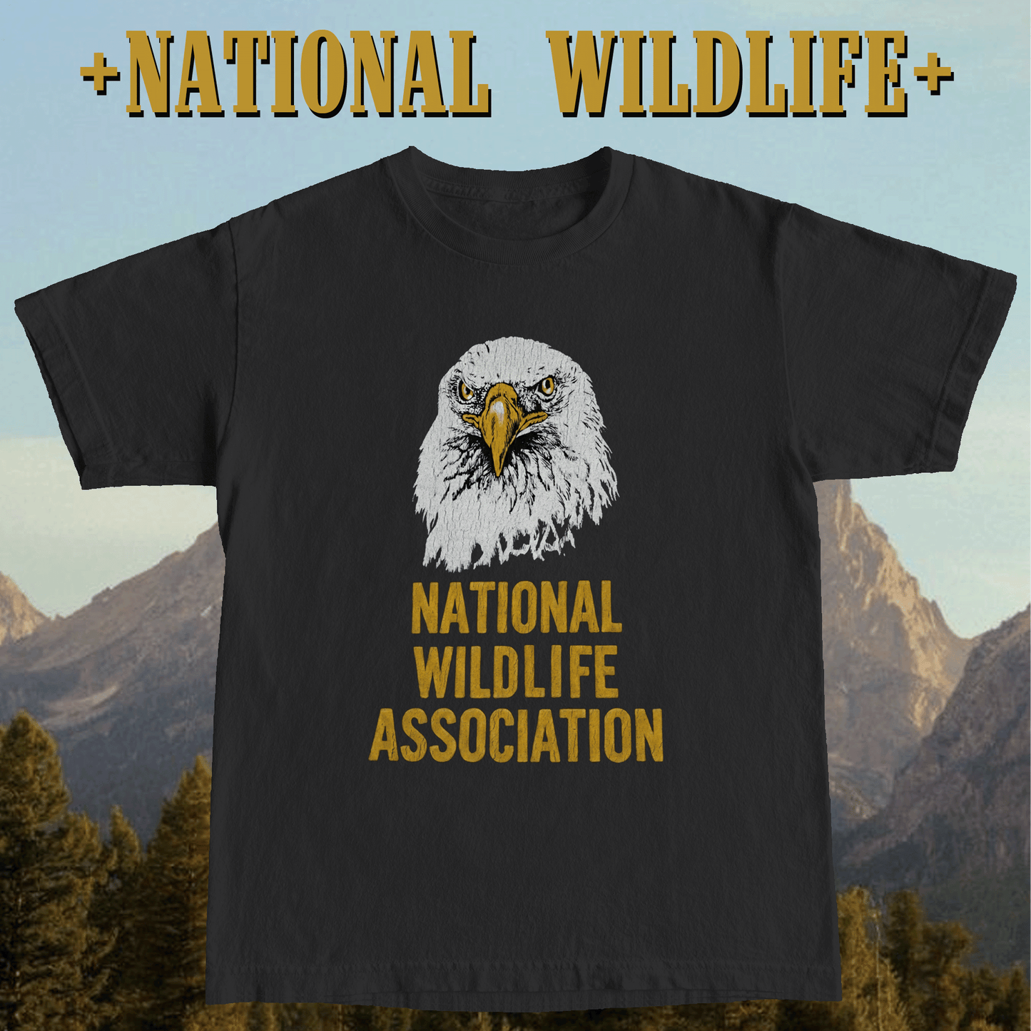 Black t-shirt with an eagle graphic and 'National Wildlife Association' text against a mountainous background.