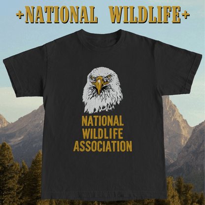 Black t-shirt with an eagle graphic and 'National Wildlife Association' text against a mountainous background.