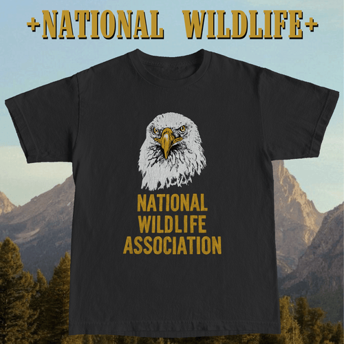 Black t-shirt with an eagle graphic and 'National Wildlife Association' text against a mountainous background.