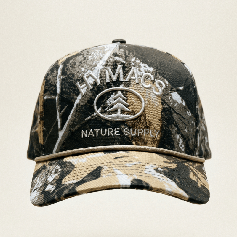Camouflage baseball cap with a logo on a beige background