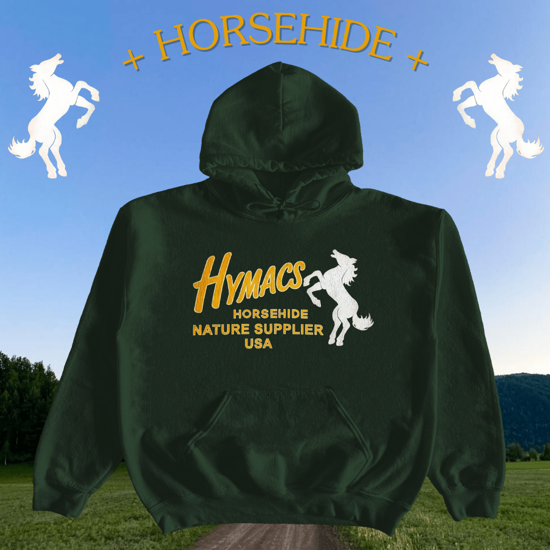 Green hoodie with Hymacs Horsehide branding against a blue sky and grass background