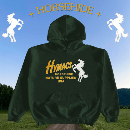 Green hoodie with Hymacs Horsehide branding against a blue sky and grass background