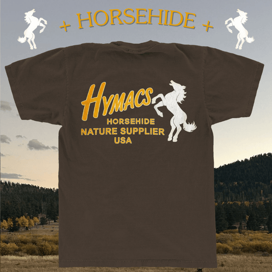Brown t-shirt with Hymacs Horsehide branding on a scenic background