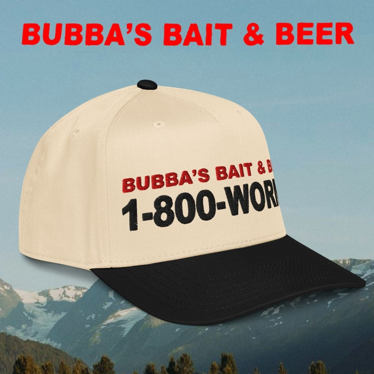 Beige and black cap with 'Bubba's Bait & Beer' text against a mountainous background