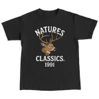 Black t-shirt with a deer graphic and 'Natures Classics 1991' text on a white background