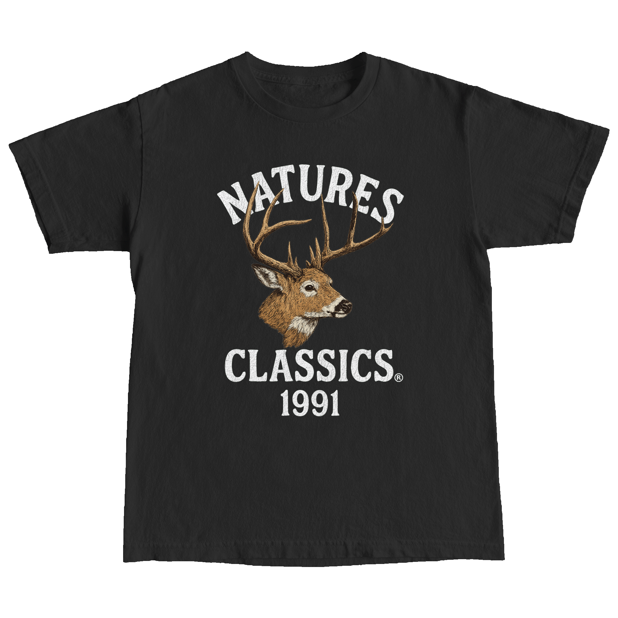 Black t-shirt with a deer graphic and 'Natures Classics 1991' text on a white background