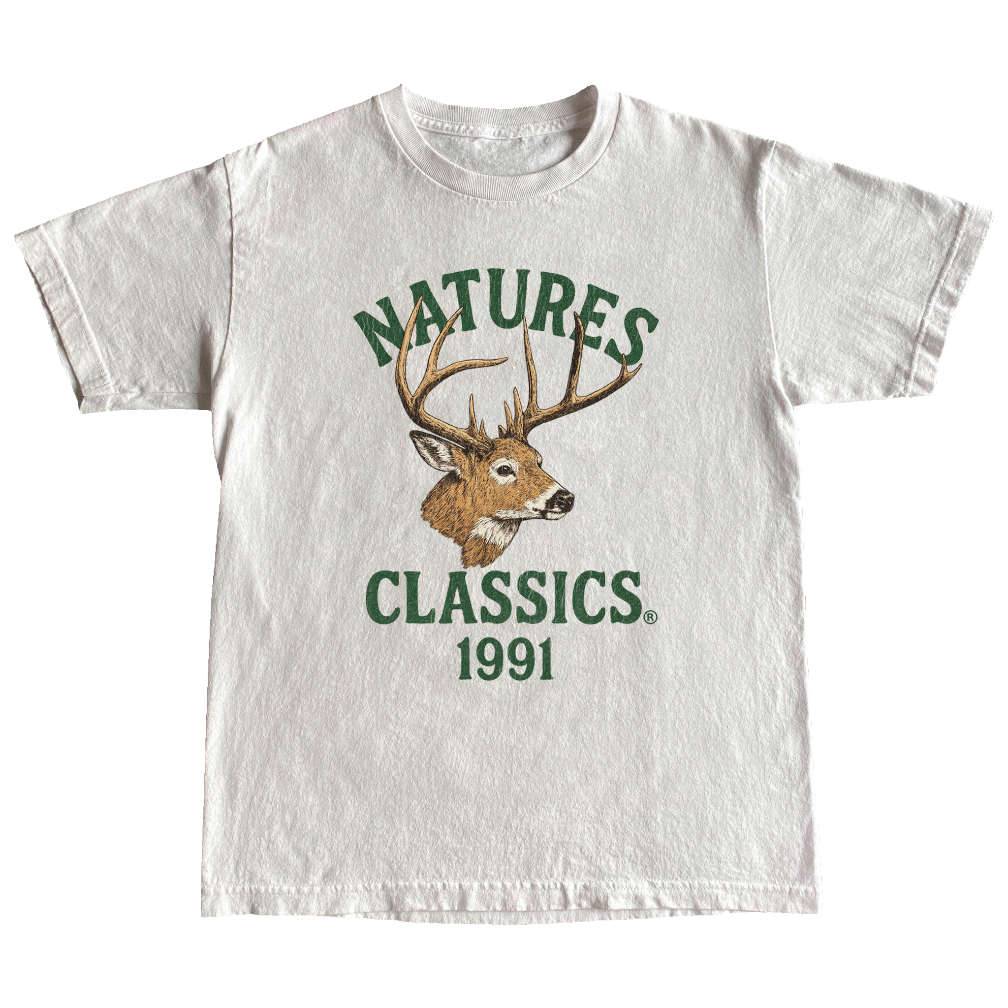 White t-shirt with a deer graphic and 'Natures Classics 1991' text on a green background