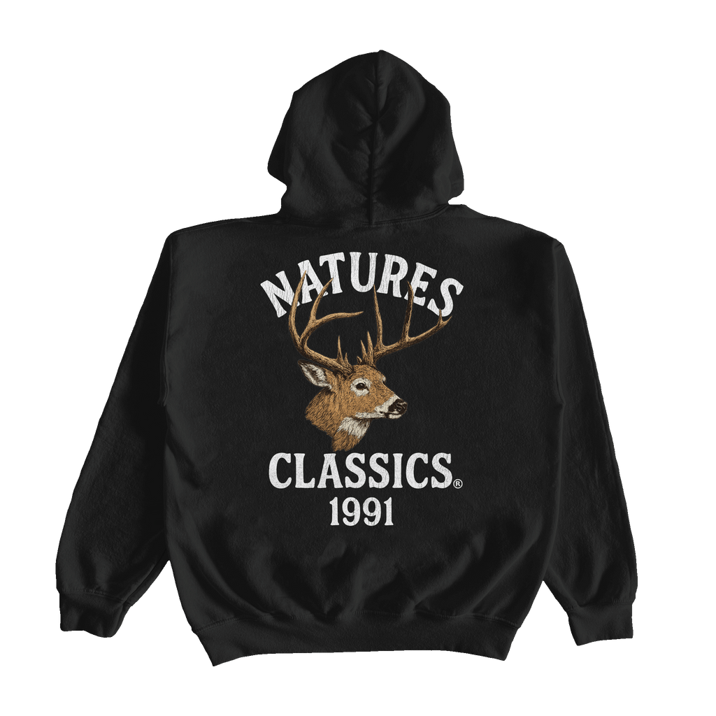 Black hoodie with a deer graphic and text on the back, displayed on a white background.