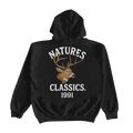 Black hoodie with a deer graphic and text on the back, displayed on a white background.