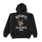 Black hoodie with a deer graphic and text on the back, displayed on a white background.