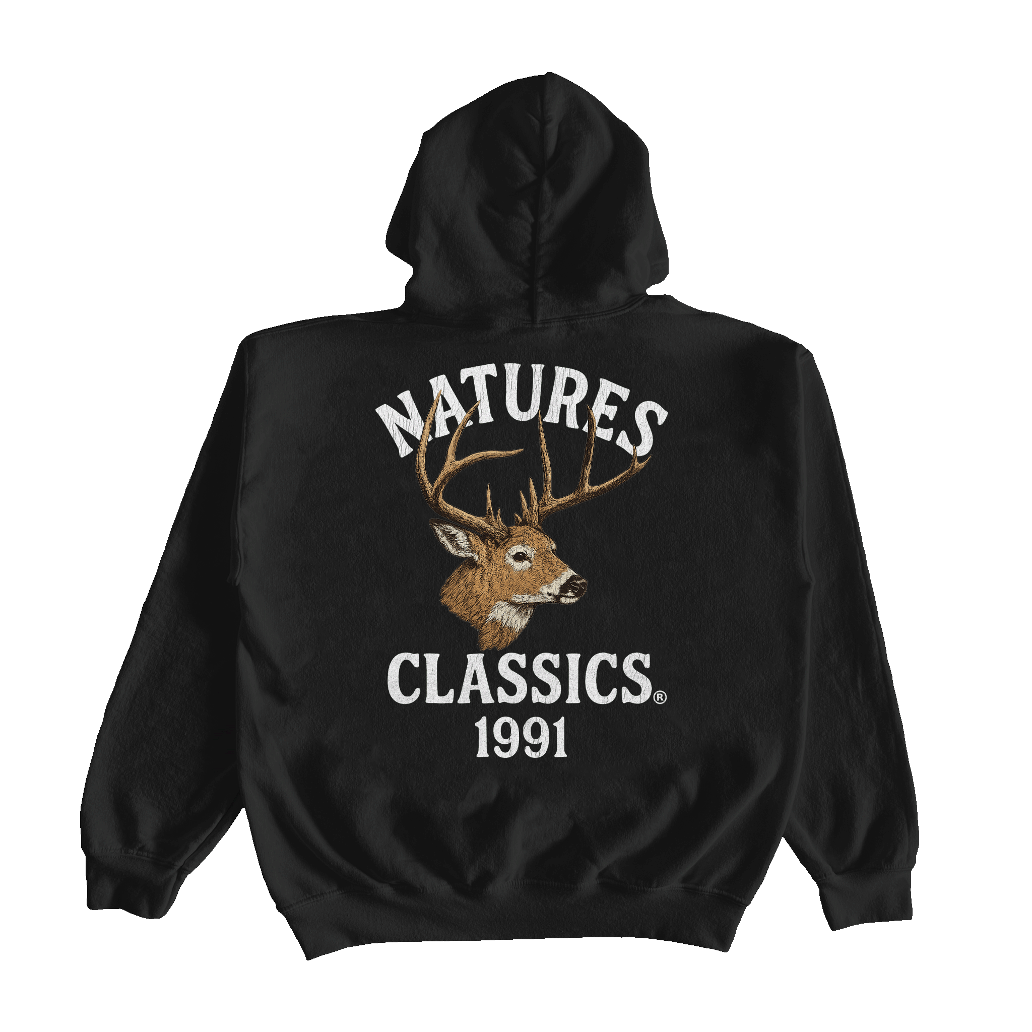 Black hoodie with a deer graphic and text on the back, displayed on a white background.