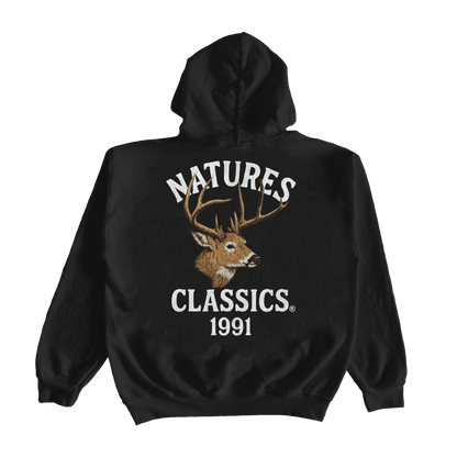 Black hoodie with a deer graphic and text on the back, displayed on a white background.