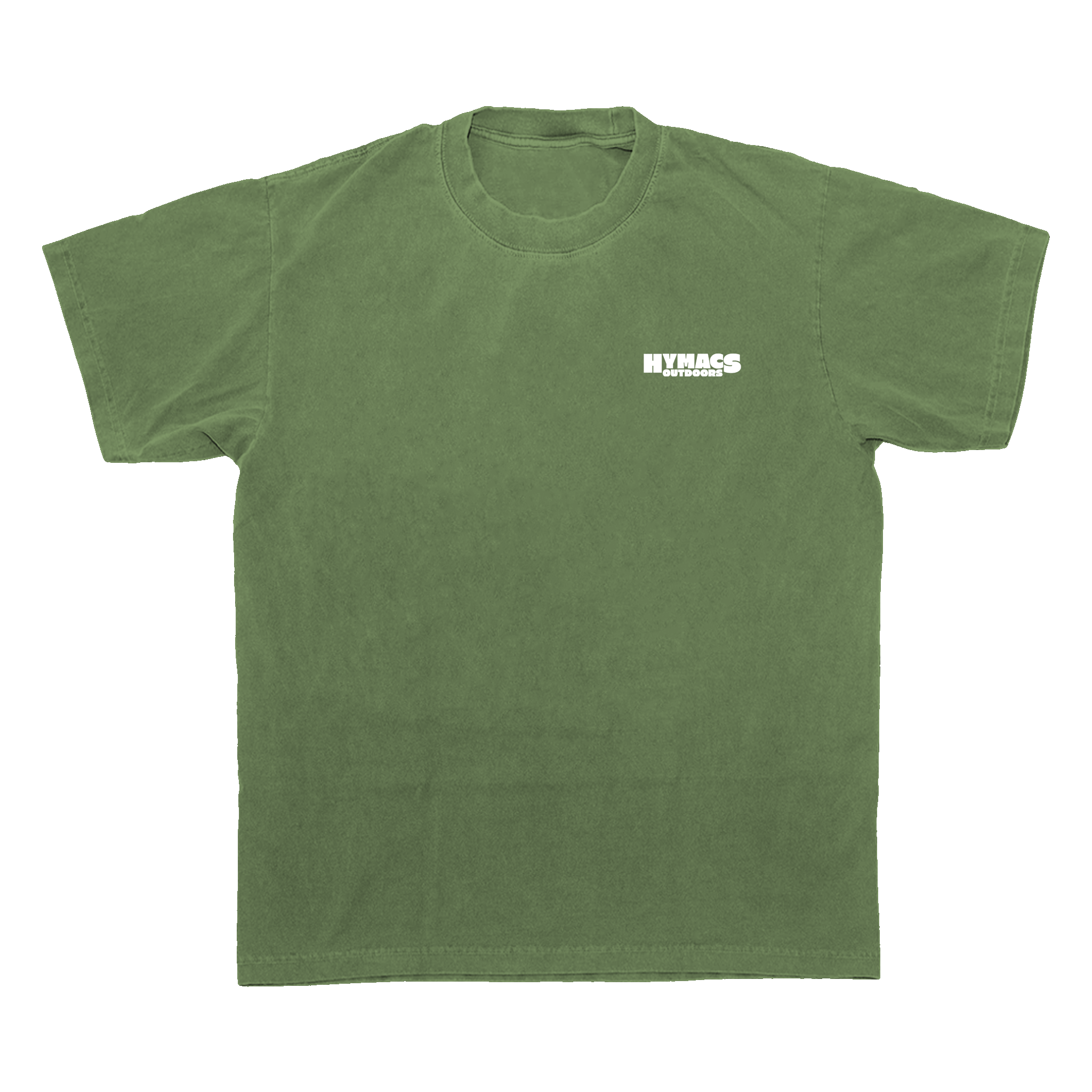 Green t-shirt with a HYMACS OUTDOORS logo on a transparent background