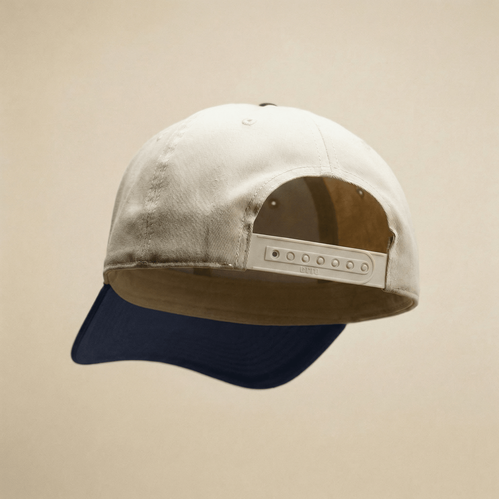 Two-tone cap with beige front and navy back on a beige background