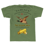 Green t-shirt with duck hunting graphic and 'Nublack' branding on a green background