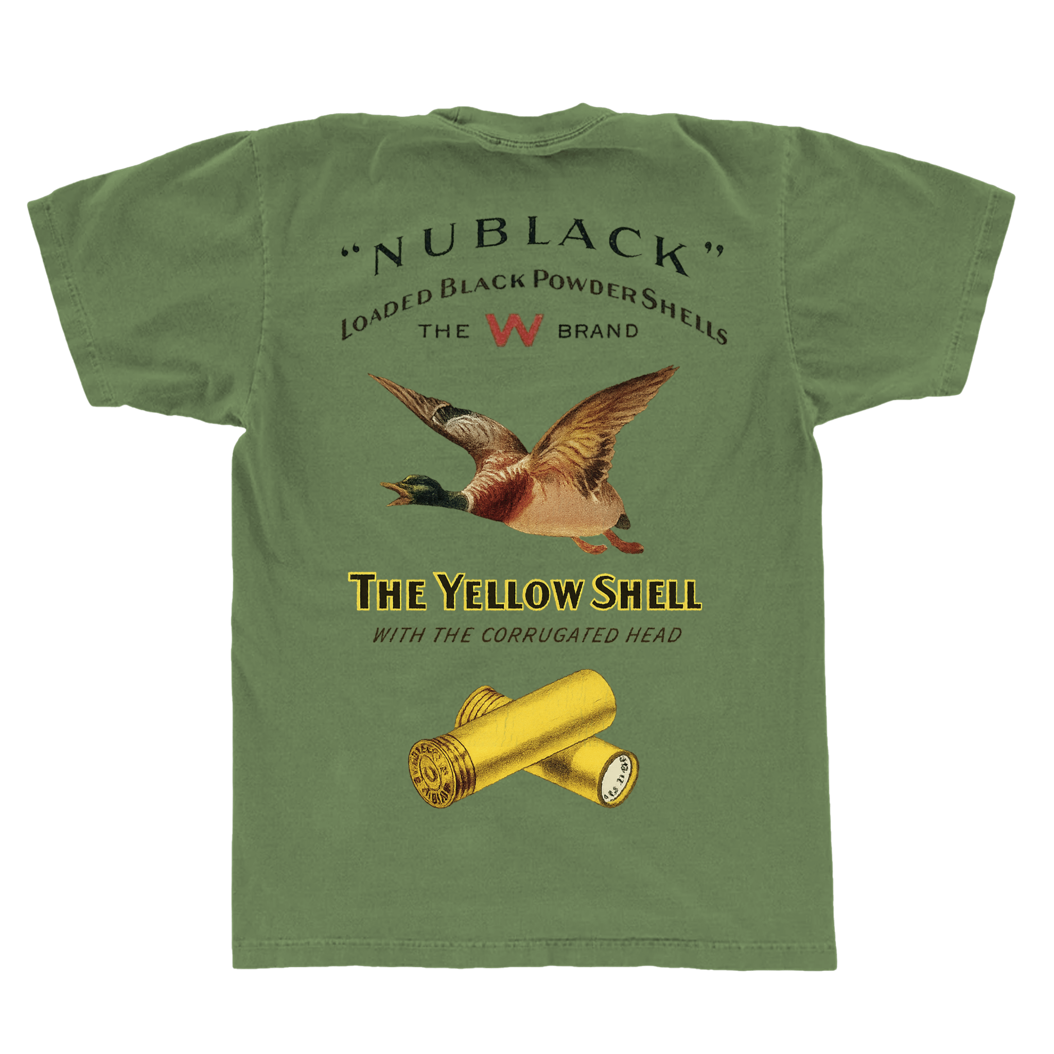 Green t-shirt with duck hunting graphic and 'Nublack' branding on a green background
