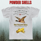 White t-shirt with vintage duck hunting and ammunition graphics and text.