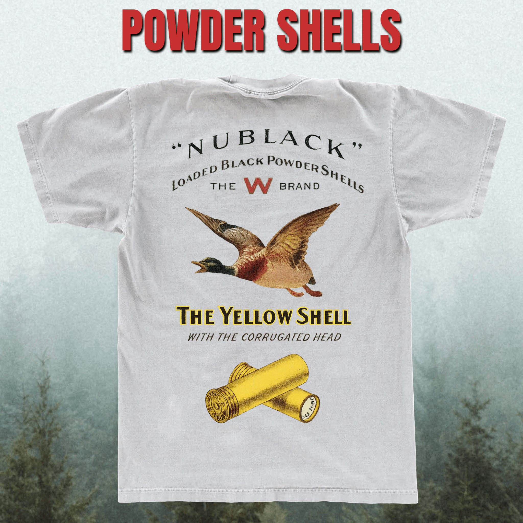 White t-shirt with vintage duck hunting and ammunition graphics and text.