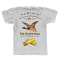 Gray t-shirt with vintage 'Nublack' and 'Yellow Shell' branding featuring a duck and cartridges.