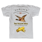 Gray t-shirt with vintage 'Nublack' and 'Yellow Shell' branding featuring a duck and cartridges.