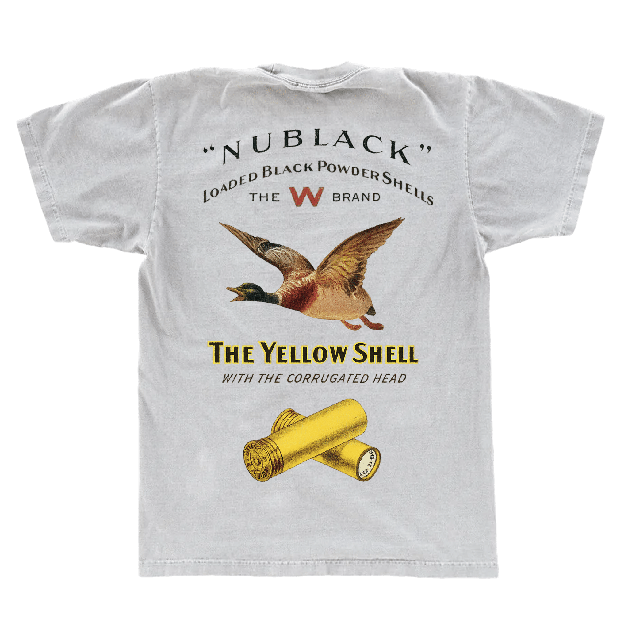 Gray t-shirt with vintage 'Nublack' and 'Yellow Shell' branding featuring a duck and cartridges.
