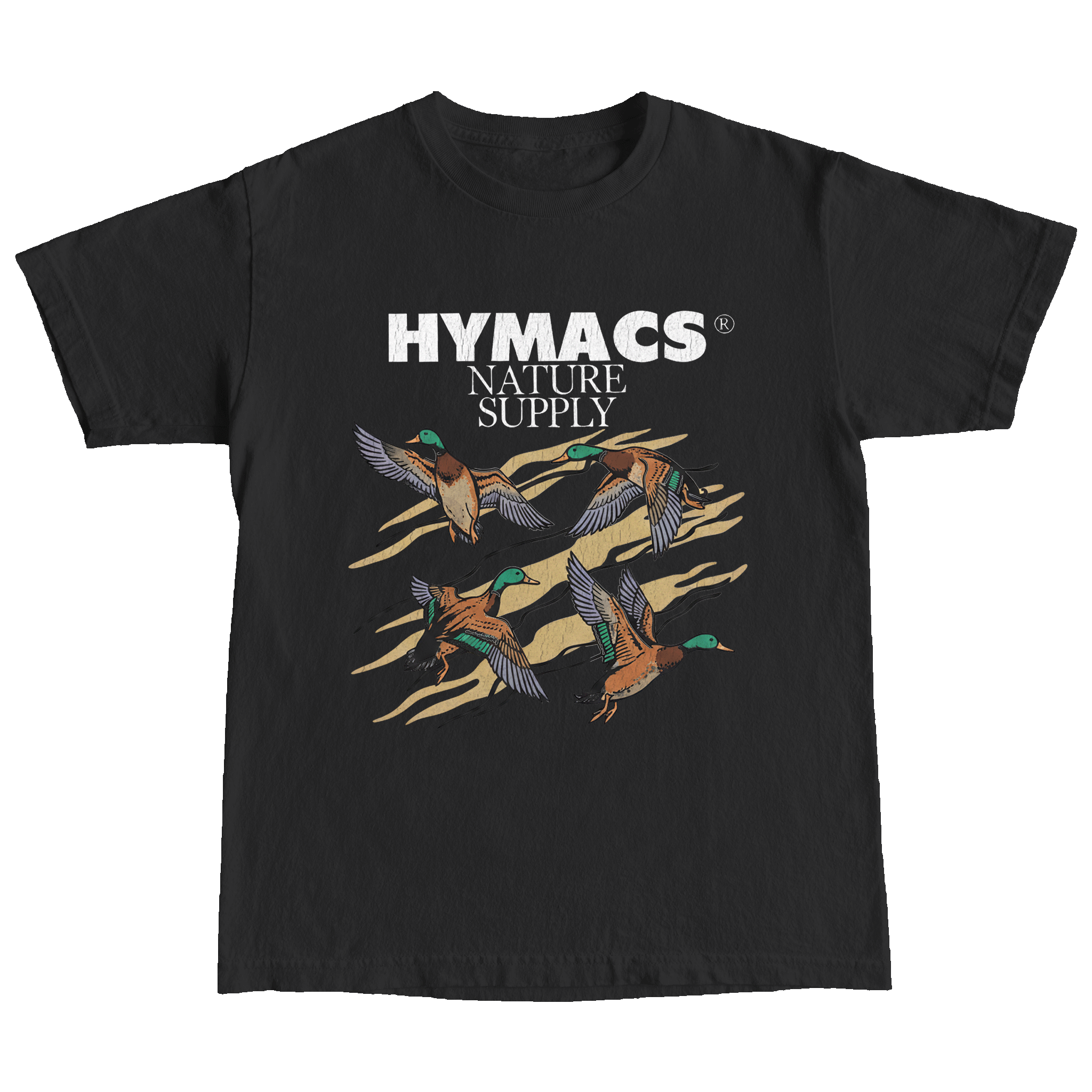 Black t-shirt with 'Hymacs Nature Supply' logo and duck graphics on a white background