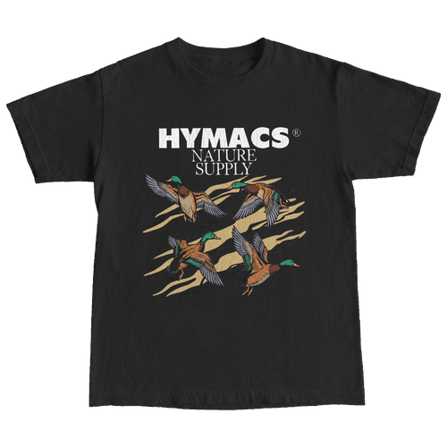 Black t-shirt with 'Hymacs Nature Supply' logo and duck graphics on a white background