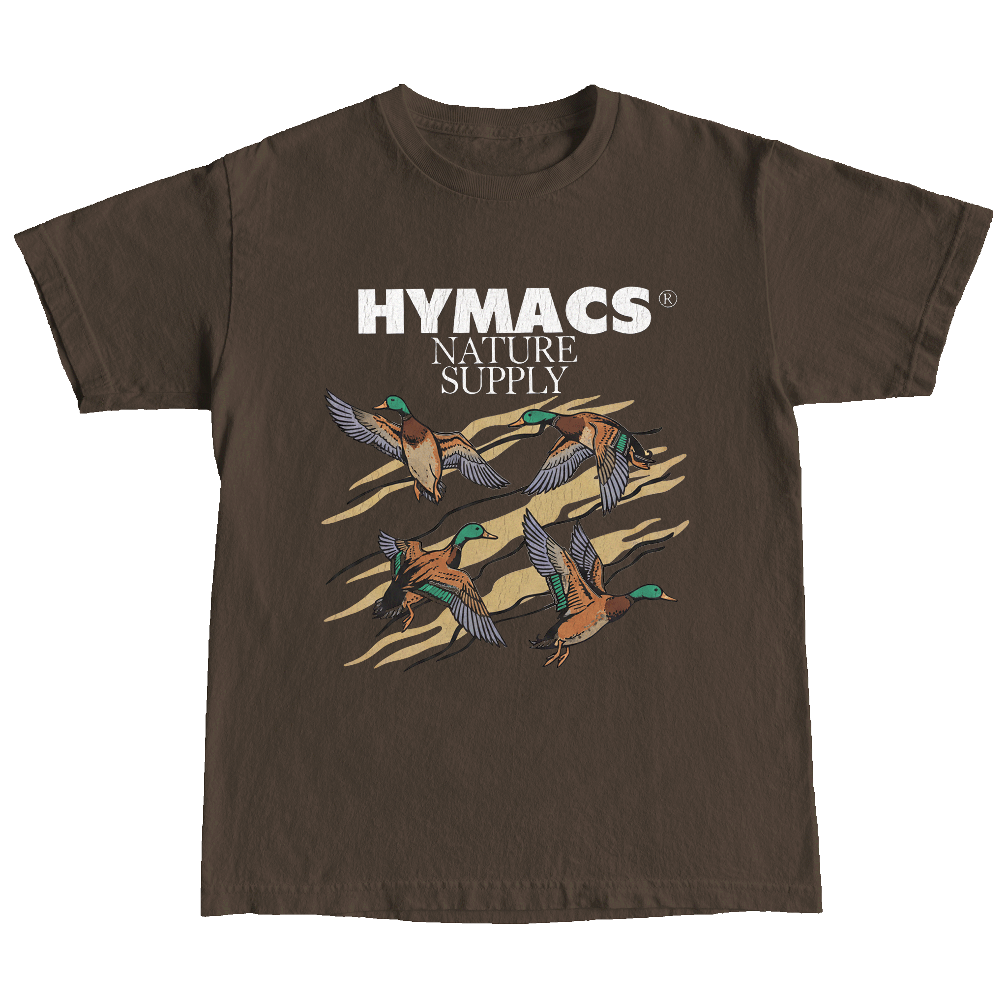 Brown t-shirt with Hymacs Nature Supply logo and duck graphics on a transparent background