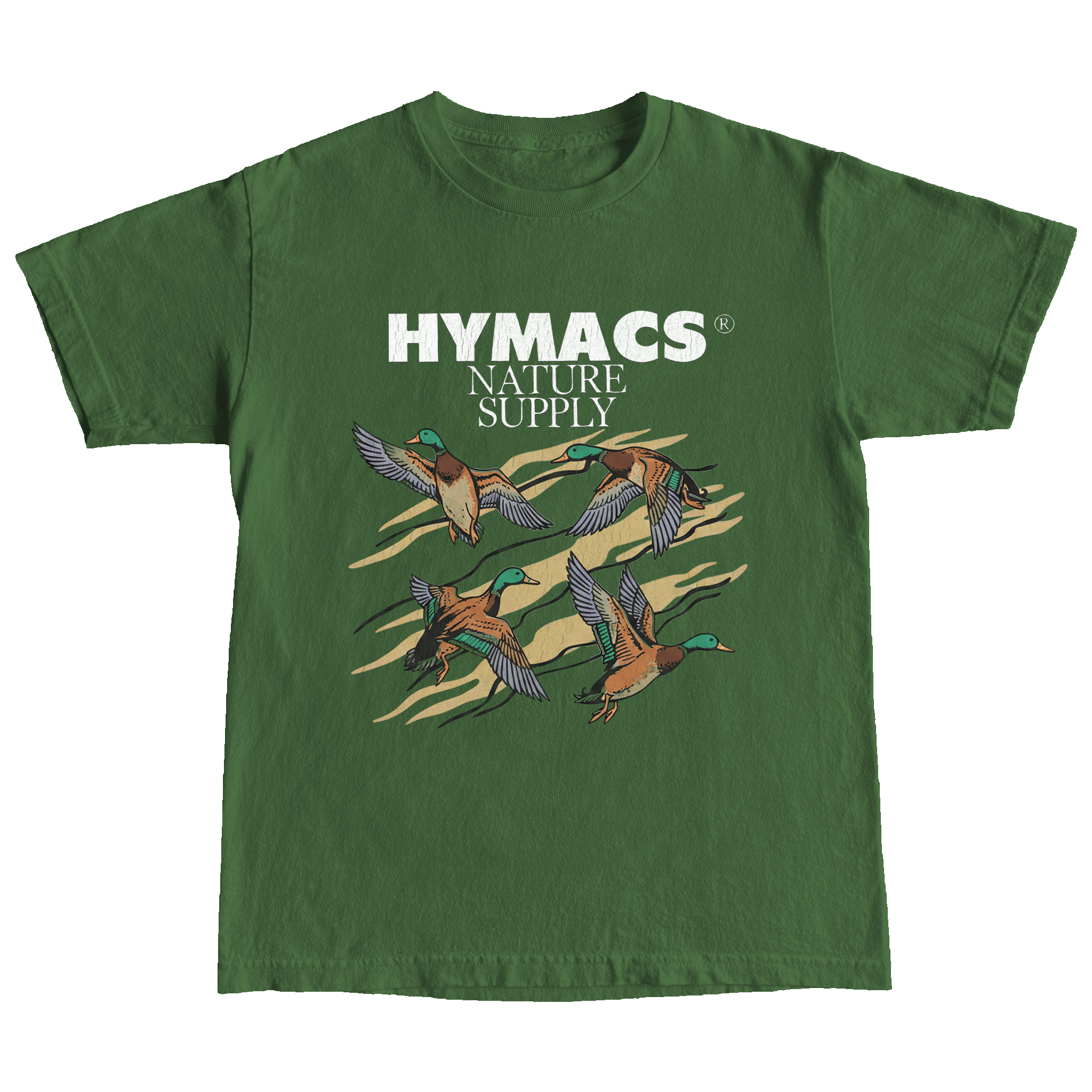 Green t-shirt with duck design and 'Hymacs Nature Supply' text on a white background