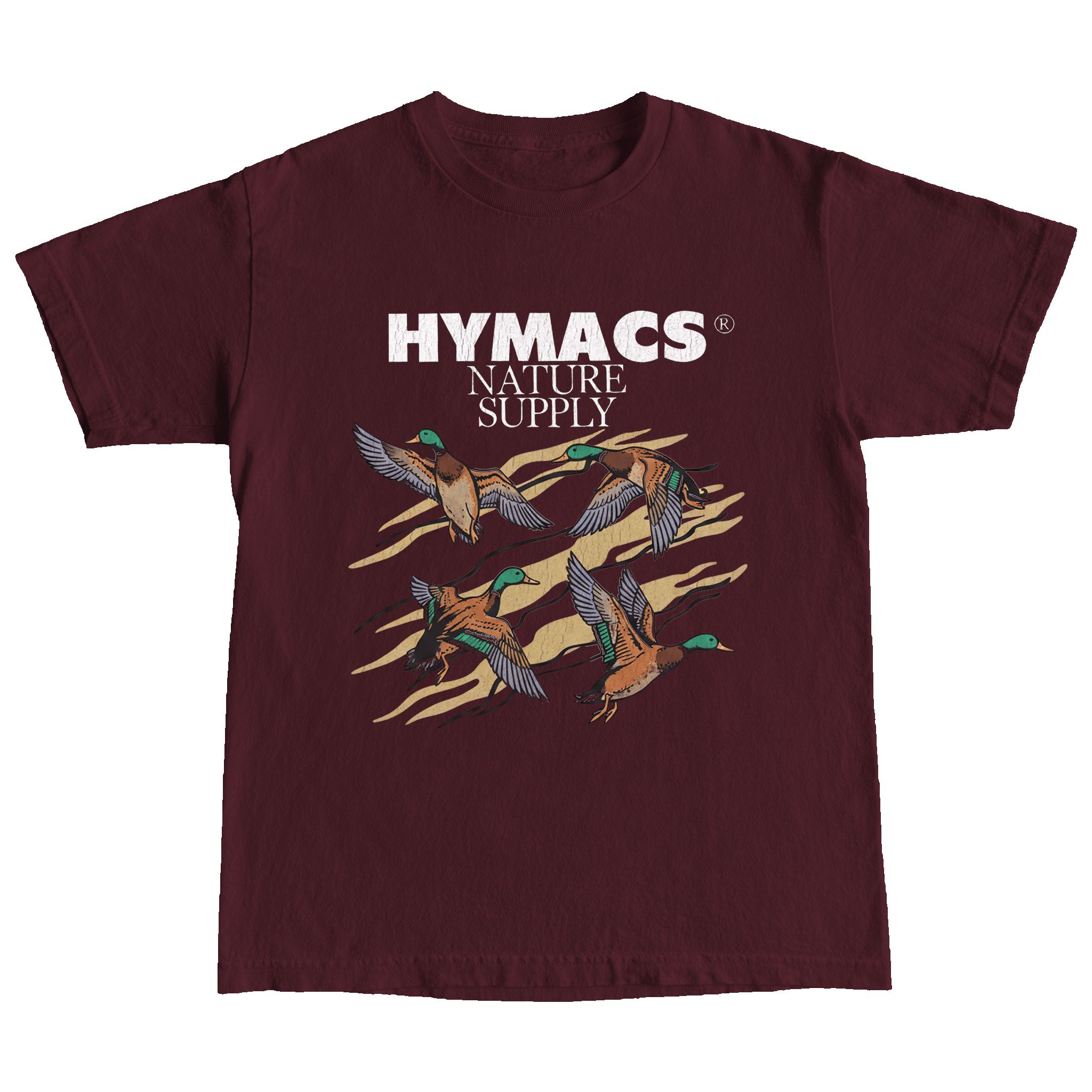 Maroon t-shirt with 'Hymacs Nature Supply' logo and duck graphics on a white background