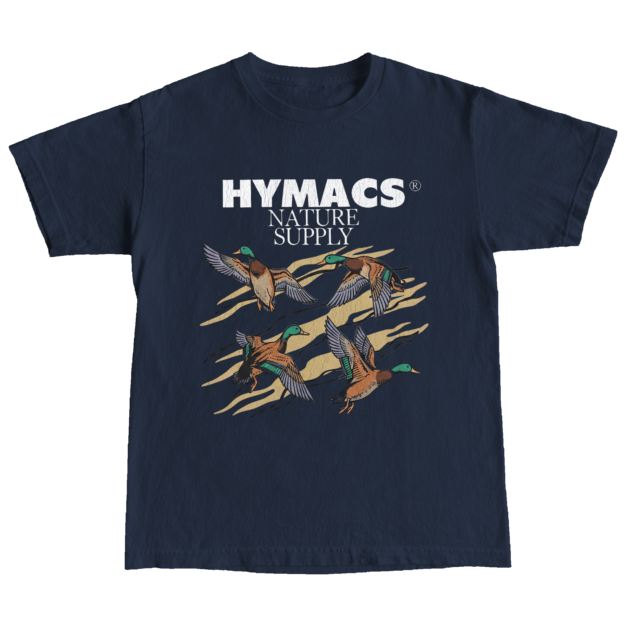 Navy blue t-shirt with duck graphics and 'Hymacs Nature Supply' text on a white background