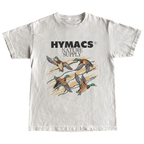 White t-shirt with duck graphic and 'Hymacs Nature Supply' text on a green background