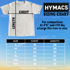 Hymacs sizing chart for t-shirts with a white t-shirt on a blue gradient background