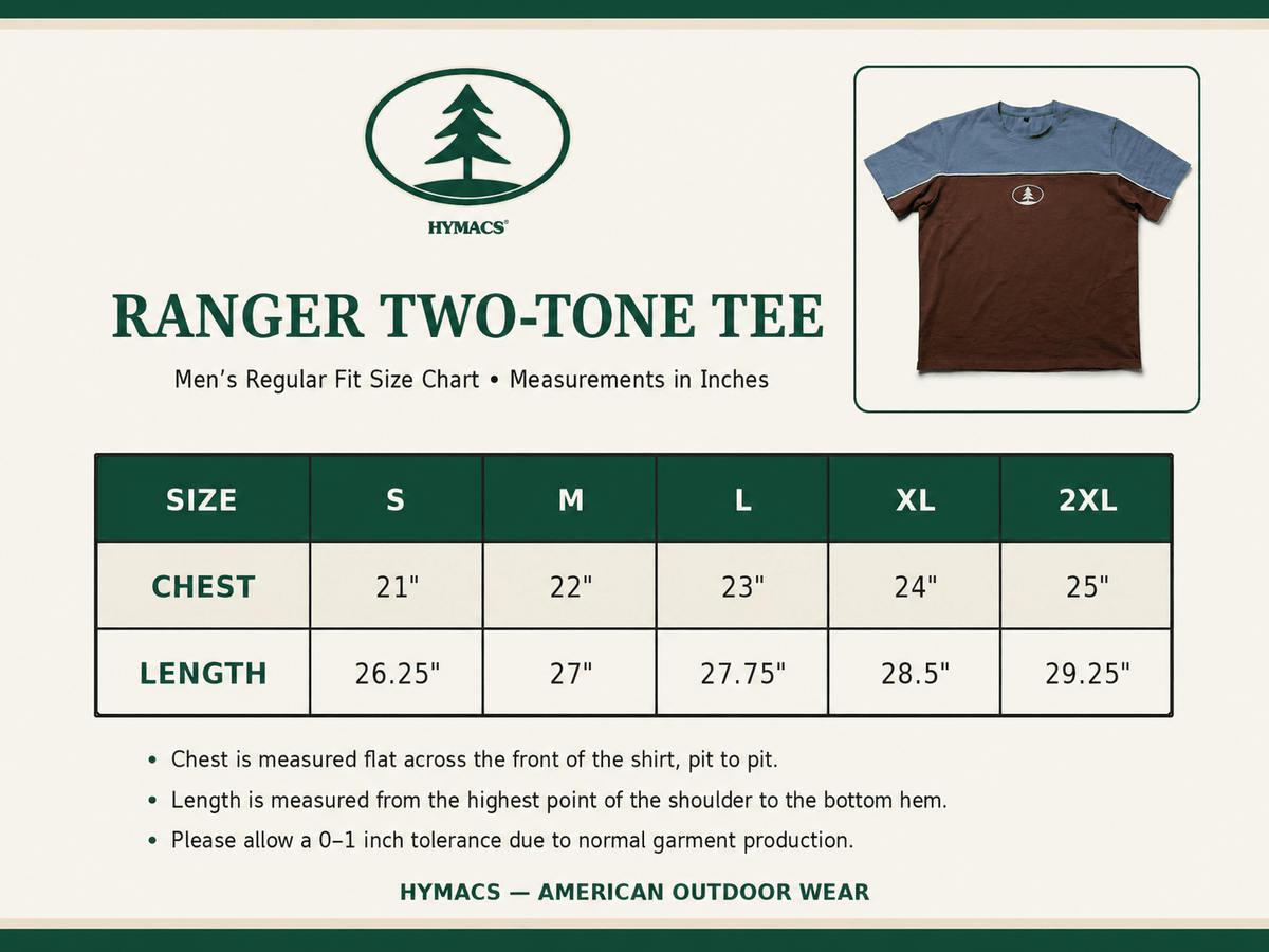Hymac's Ranger Two-Tone Tee size chart with shirt image and brand logo.