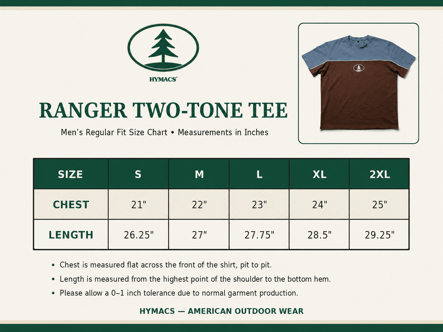 Hymac's Ranger Two-Tone Tee size chart with shirt image and brand logo.