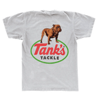 Gray t-shirt with 'Tank's Tackle' logo featuring a brown bulldog on a white background