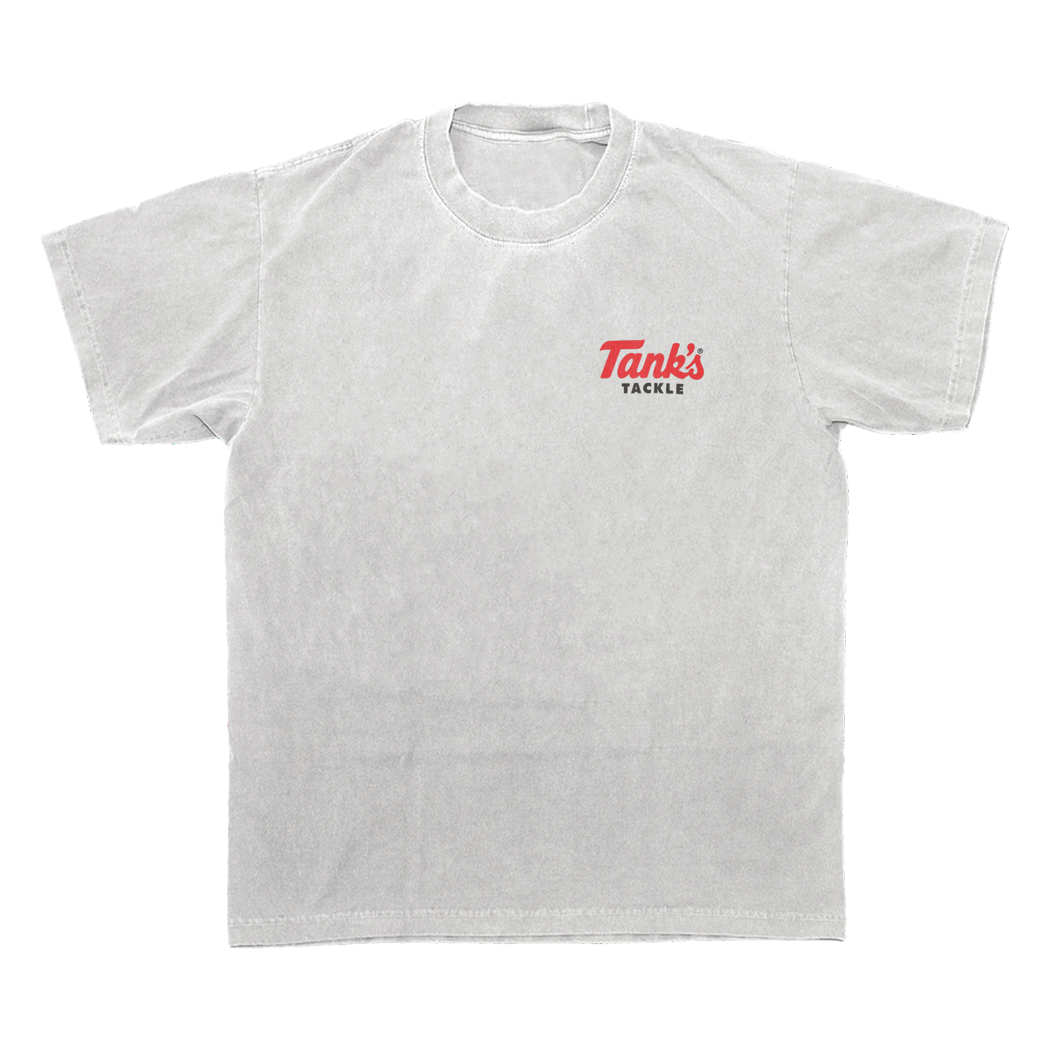 White t-shirt with 'Tank's Tackle' logo on a white background