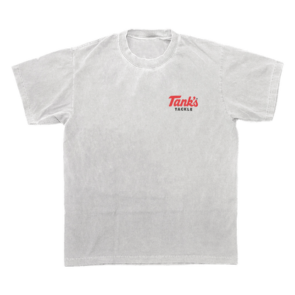 White t-shirt with 'Tank's Tackle' logo on a white background