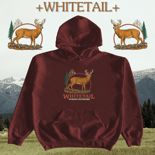 Maroon hoodie with whitetail deer design on a nature-themed background