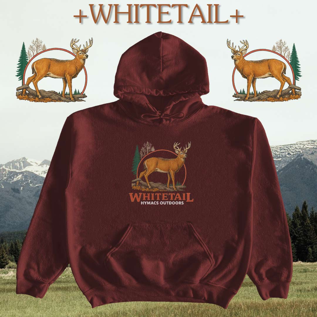 Maroon hoodie with graphic print of a whitetail deer and the brand name HYMACS